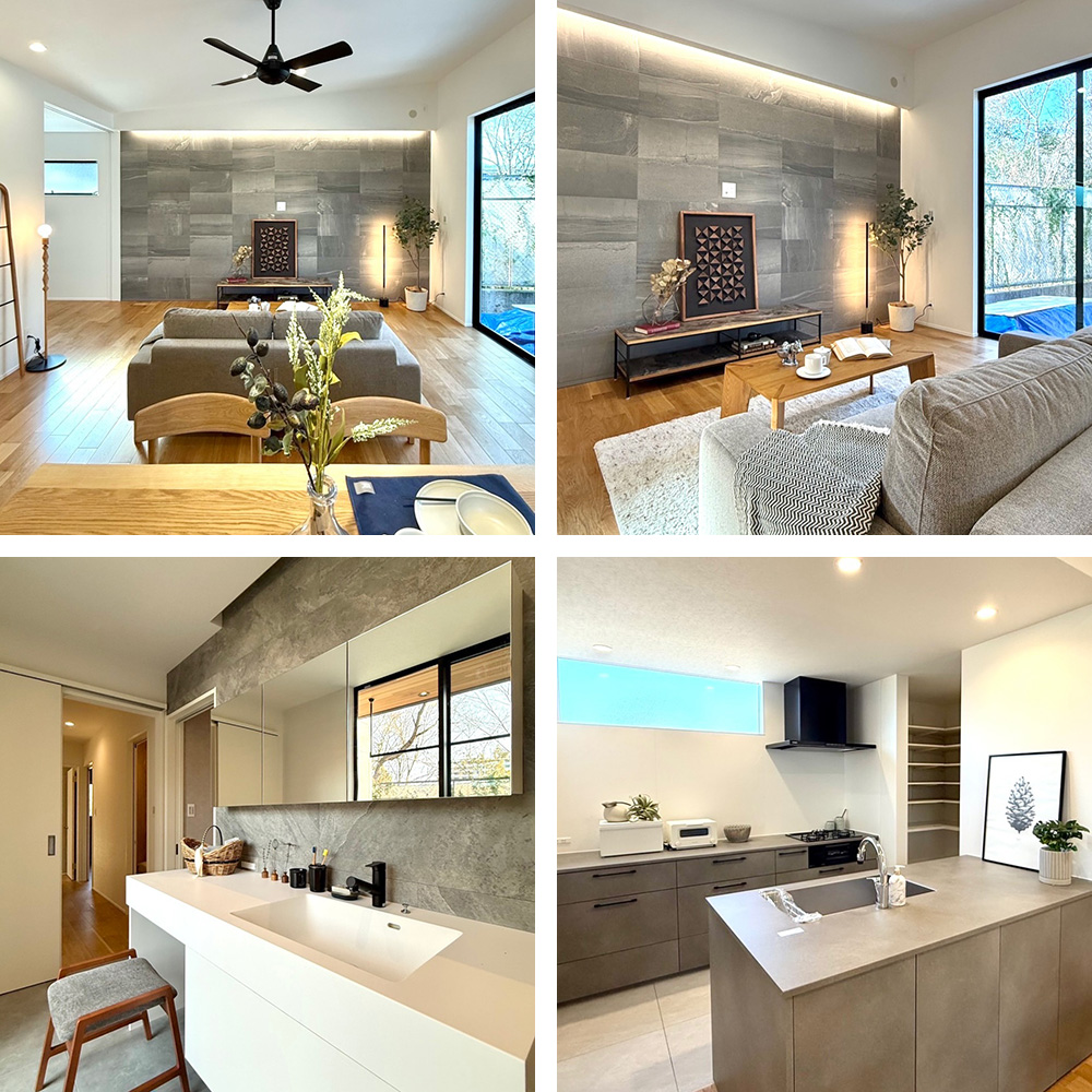 中庭とつながる、グレーの平屋