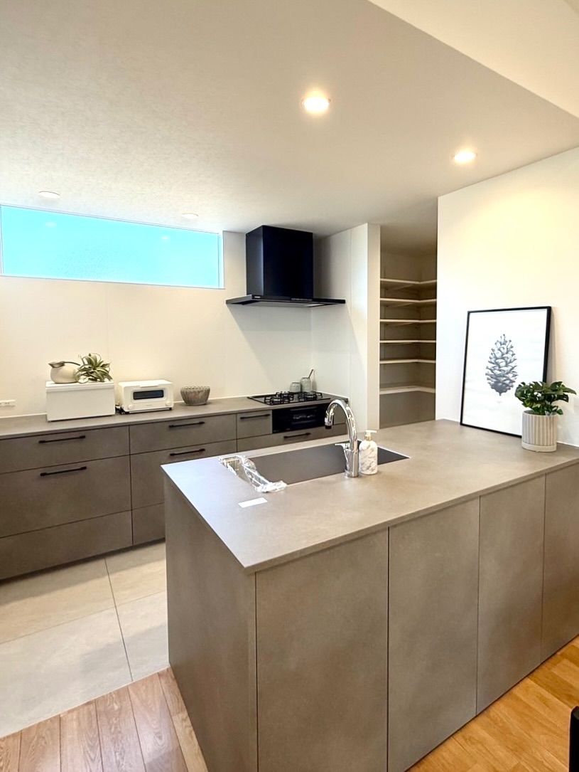 中庭とつながる、グレーの平屋